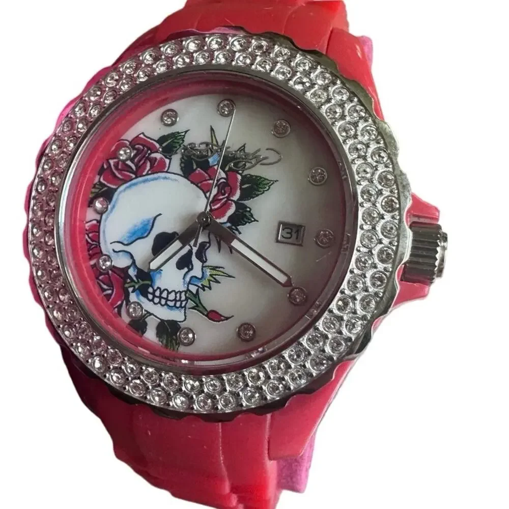 NIB Ed Hardy Love Kills Slowly Watch Swarovski Crystals & Red Pink Band Y2K